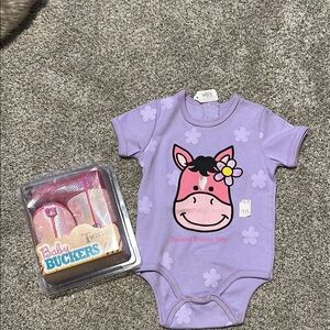 Pink baby cowgirl boots with horse onesie